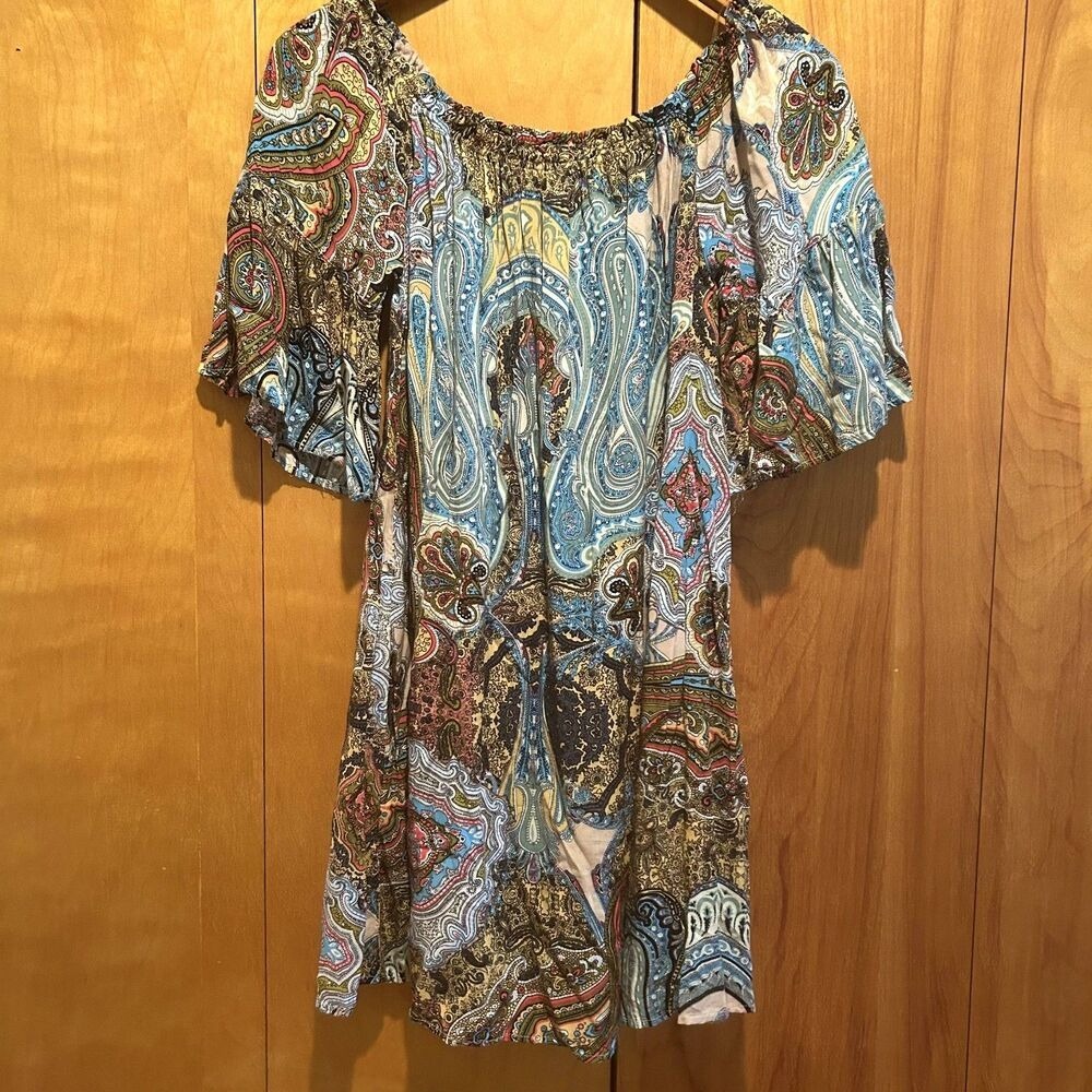 Umgee Dress Sz L Mini Multicolor Paisley Bell Sleeve Boho‎ Gypsy Festival